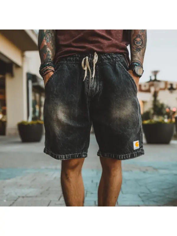 Fashionable Black Denim Shorts With Drawstring Waist - Ootdmw.com 