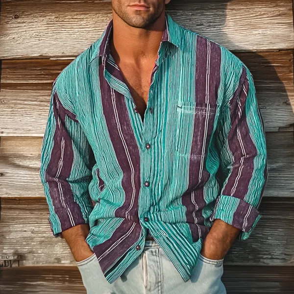 Men's Retro Colorblock Casual Striped Print Loose Long Sleeve Shirt - Pipersuper.com 