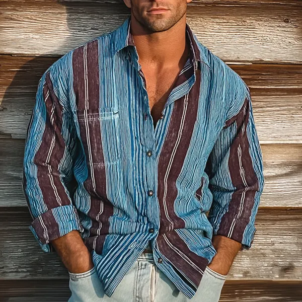 Men's Retro Colorblock Casual Striped Print Loose Long Sleeve Shirt - Pipersuper.com 