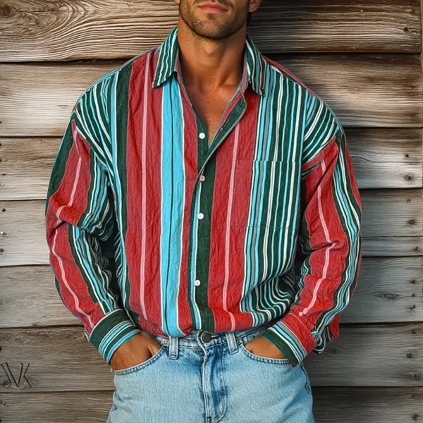 Men's Retro Colorblock Casual Striped Print Loose Long Sleeve Shirt - Pipersuper.com 
