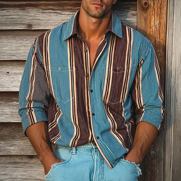 Men's Retro Colorblock Casual Striped Print Loose Long Sleeve Shirt - Pipersuper.com 