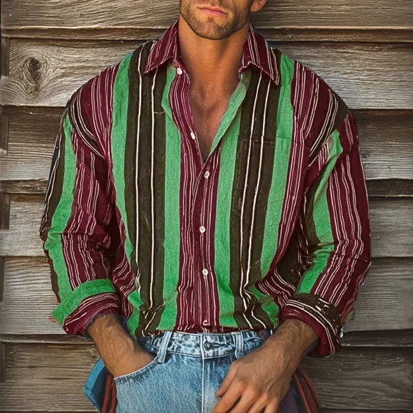 Men's Retro Colorblock Casual Striped Print Loose Long Sleeve Shirt - Pipersuper.com 