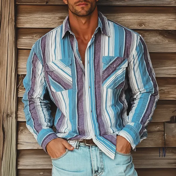 Men's Retro Colorblock Casual Striped Print Loose Long Sleeve Shirt - Pipersuper.com 