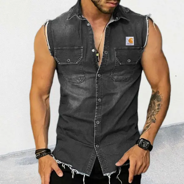 Stylish Sleeveless Denim Shirt For Men - Perfect For Casual And Fashionable Looks - Wayrates.com 