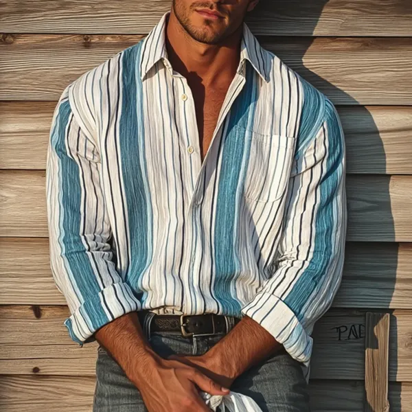 Men's Retro Colorblock Casual Striped Print Loose Long Sleeve Shirt - Pipersuper.com 