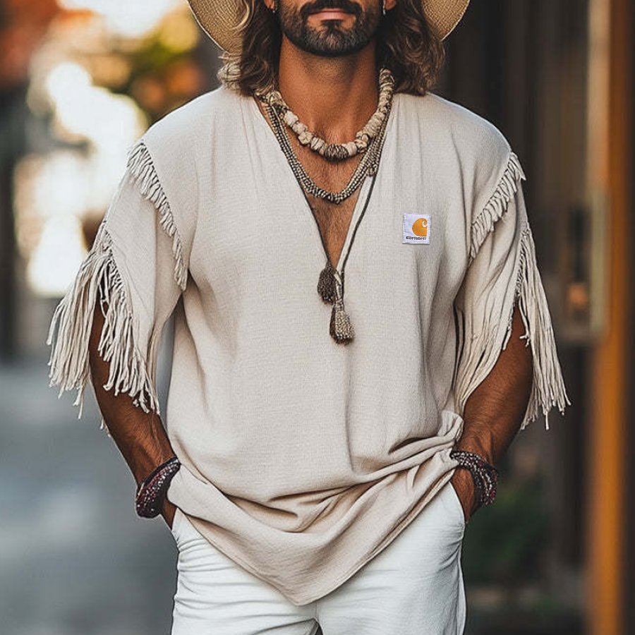 

Vintage Boho Fringe Poncho Top For Men - Perfect For Summer Festivals And Casual Outings