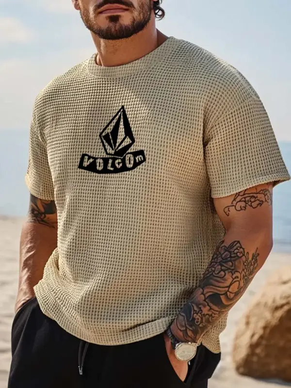 Men's Vintage Waffle Knit Surf Khaki Short Sleeve Crew Neck T-Shirt - Menbarn.com 