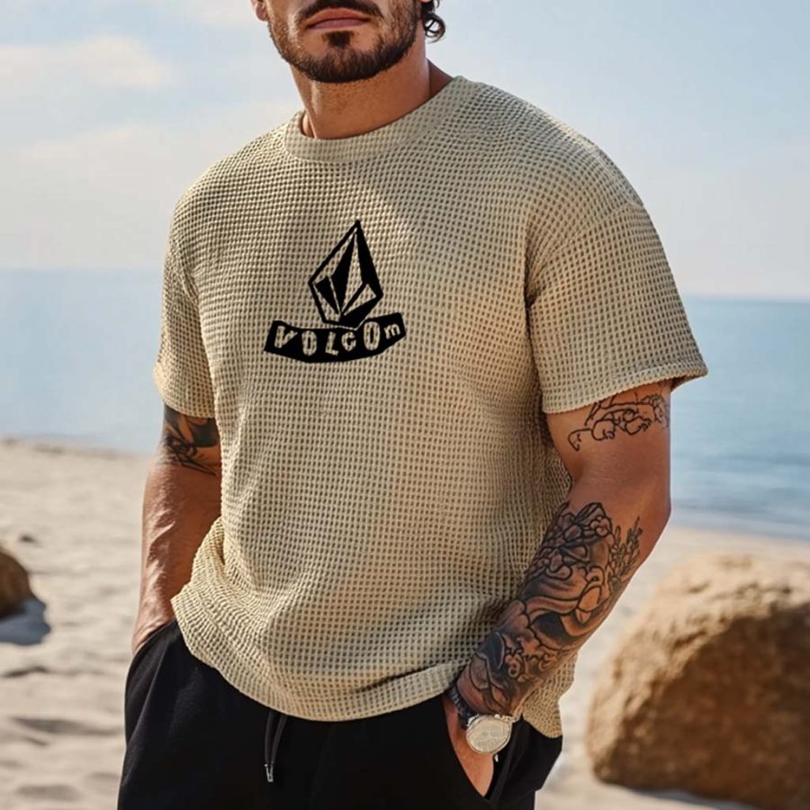 

Men's Vintage Waffle Knit Surf Khaki Short Sleeve Crew Neck T-Shirt