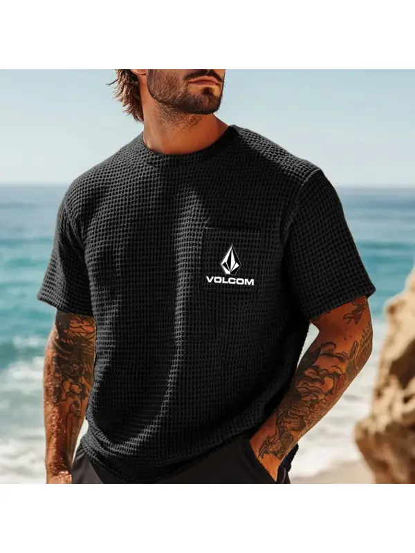 Men's Vintage Waffle Knit Surf Black Short Sleeve Crew Neck T-Shirt - Ootdmw.com 
