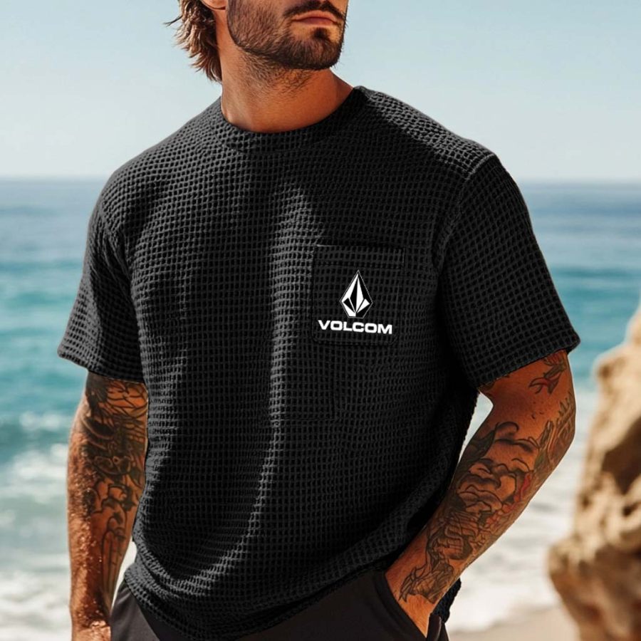 

Men's Vintage Waffle Knit Surf Black Short Sleeve Crew Neck T-Shirt