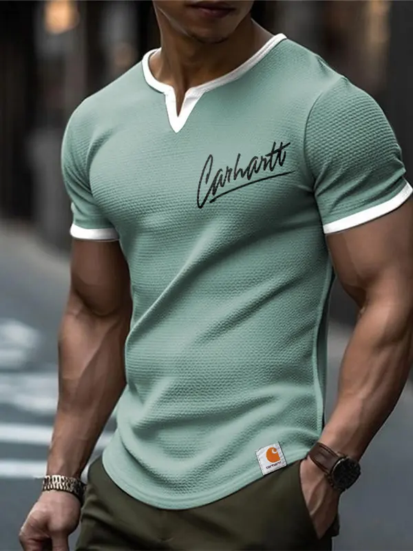 Men's Vintage Waffle Fabric Knit Lightgreen V Neck Patchwork Mesh T-Shirt - Perfect For Summer Outdoors - Pragmaace.com 