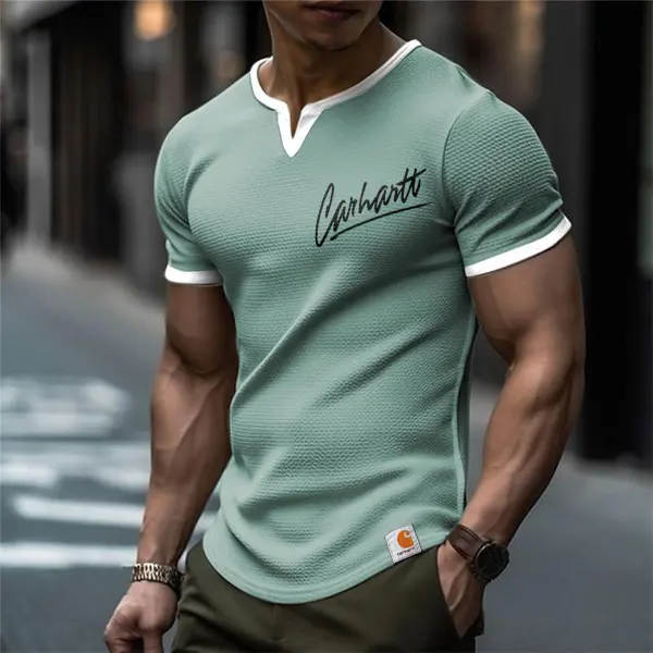 Men's Vintage Waffle Fabric Knit Lightgreen V Neck Patchwork Mesh T-Shirt - Perfect For Summer Outdoors - Ootdyouth.com 