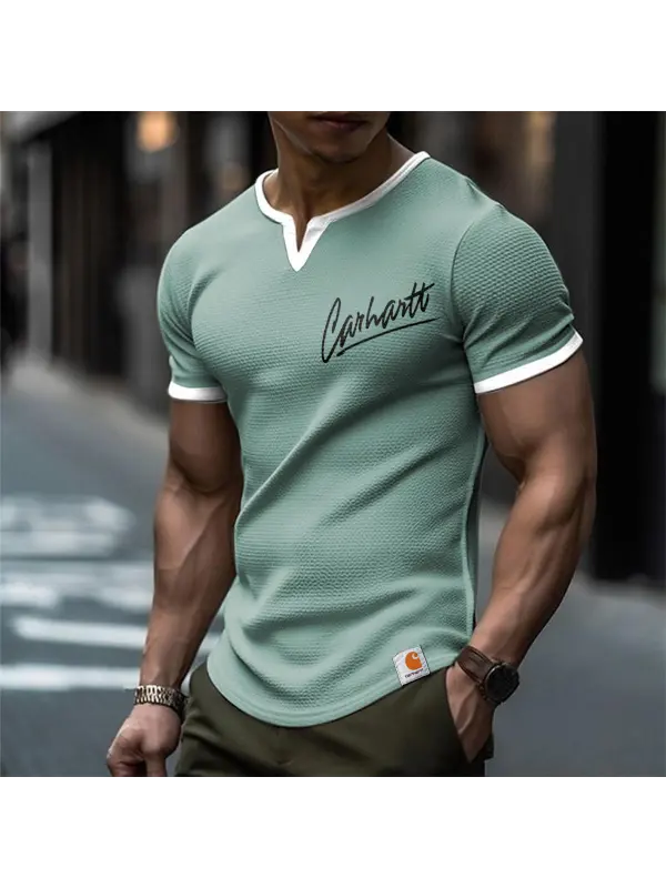 Men's Vintage Waffle Fabric Knit Lightgreen V Neck Patchwork Mesh T-Shirt - Perfect For Summer Outdoors - Anrider.com 
