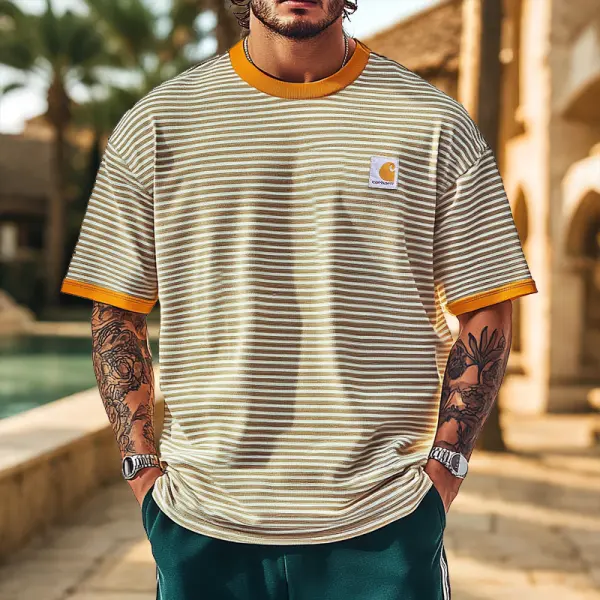 Vintage Striped Collar Splicing And Collision Short Sleeve T-Shirt For Men - Perfect For Casual Summer Outfits - Zivinfo.com 