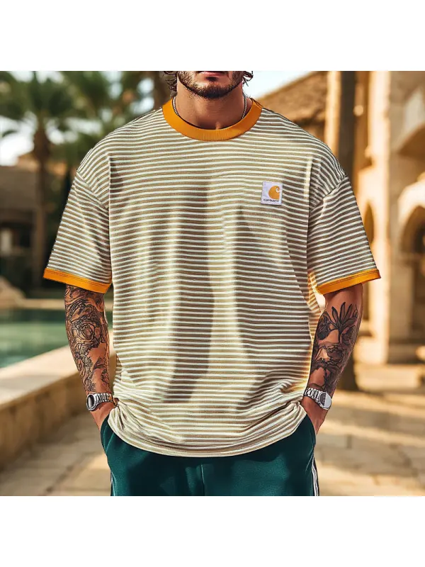 Vintage Striped Collar Splicing And Collision Short Sleeve T-Shirt For Men - Perfect For Casual Summer Outfits - Frontiercool.com 