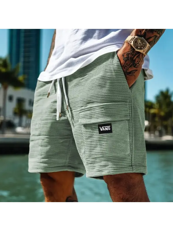 Men's Vintage Waffle Knit Surf Pocket Elastic Drawstring Walkshort Shorts - Frontiercool.com 