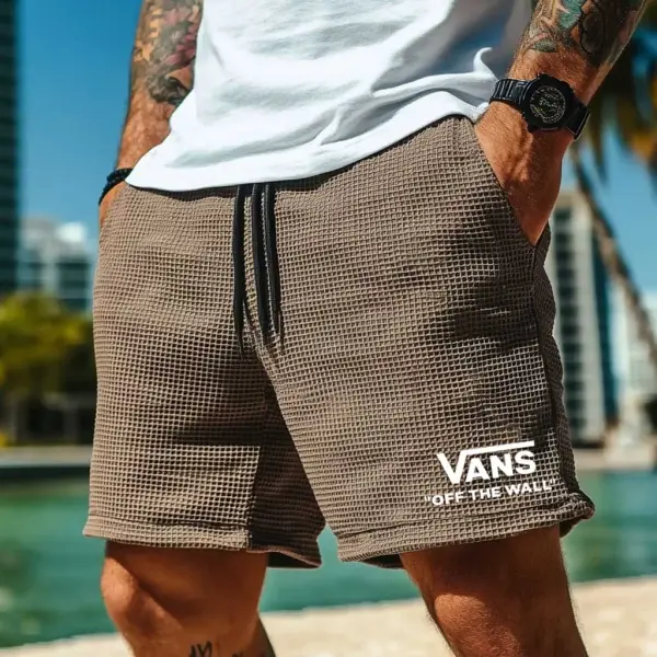 Men's Vintage Waffle Knit Surf Brown Elastic Drawstring Walkshort Shorts - Ootdyouth.com 