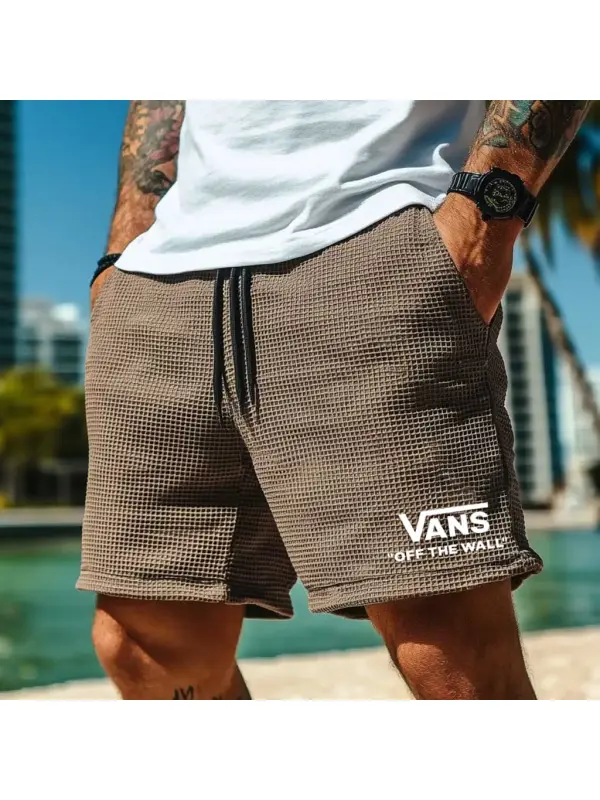 Men's Vintage Waffle Knit Surf Brown Elastic Drawstring Walkshort Shorts - Ootdmw.com 