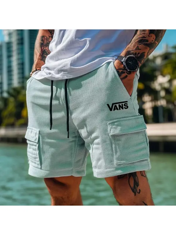 Men's Vintage Surf Waffle Knit Multi-Pocket Casual Walkshort Elastic Cargo Shorts - Ootdmw.com 