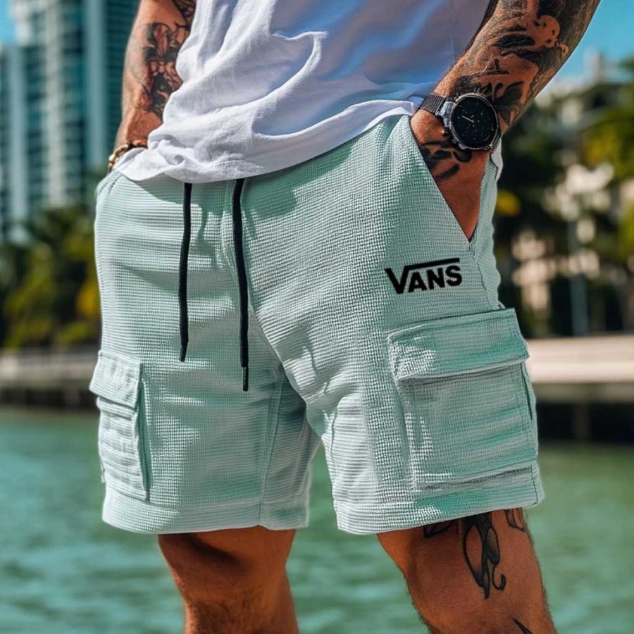 

Men's Vintage Surf Waffle Knit Multi-Pocket Casual Walkshort Elastic Cargo Shorts