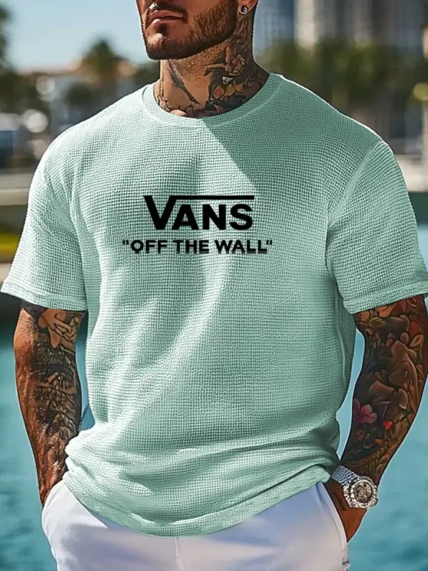 Vans Men's Waffle Knit Light Blue Short Sleeve Crew Neck Surf T-Shirt - Wantbright.com 