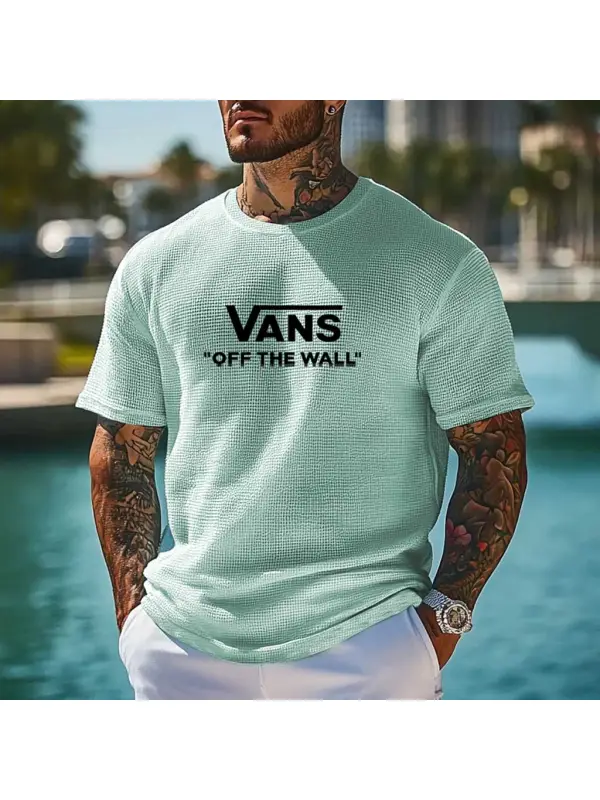 Men's Vintage Waffle Knit Surf Light Blue Short Sleeve Crew Neck T-Shirt - Ootdmw.com 