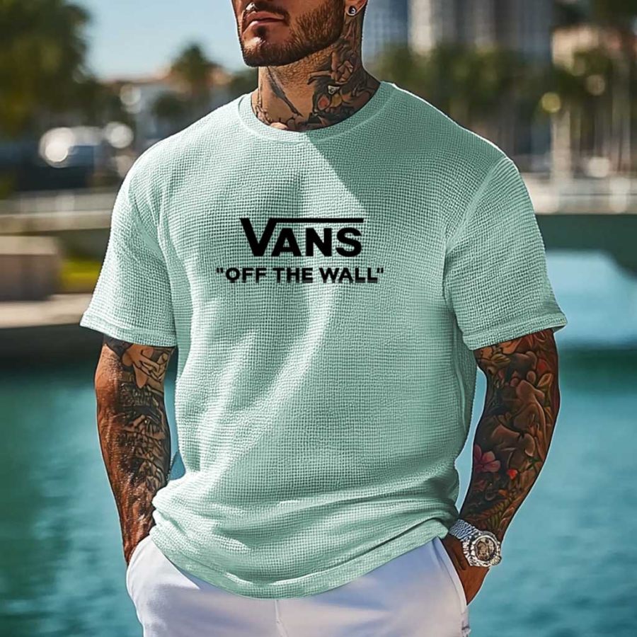 

Men's Vintage Waffle Knit Surf Light Blue Short Sleeve Crew Neck T-Shirt