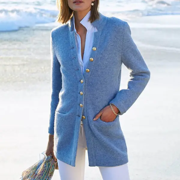 Ladies Solid Color Standing Collar Cardigan - Leanarea.chimpone.com 