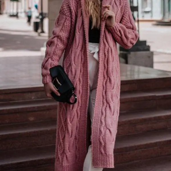 Solid color hooded long twist cardigan sweater - Leanarea.chimpone.com 