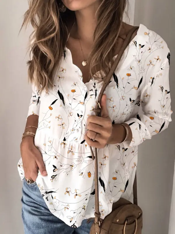 Floral Print Long Sleeves V Neck Blouse - Realyiyishop.com 