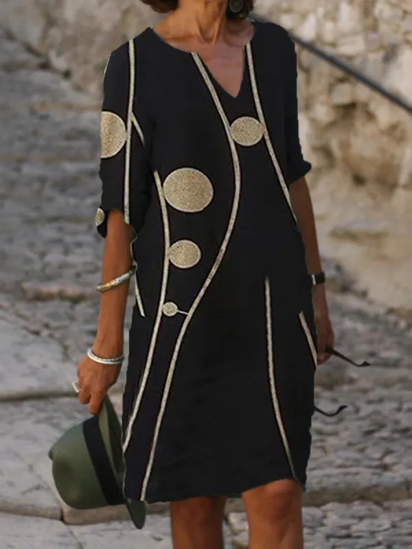Casual V-neck Geometric Print Midi Dress - Charmwish.chimpone.com 