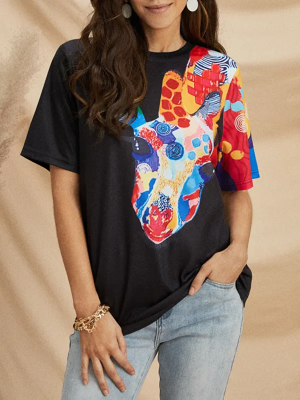 Women's Digital Print Short Sleeve Round Neck T-Shirt - Realyiyishop.com 