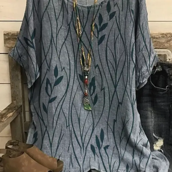 Round Neck Leaf Print Loose Casual Short-sleeved Blouse - Kalesafe.com 