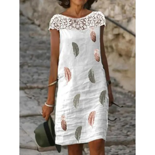 Ladies Casual Feather Print Stitching Shift Dress - Honeylop.chimpone.com 
