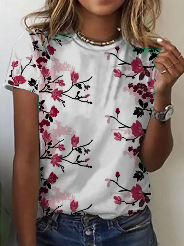 Casual Floral Print Short-Sleeved T-Shirt - Oasisjoy.com 