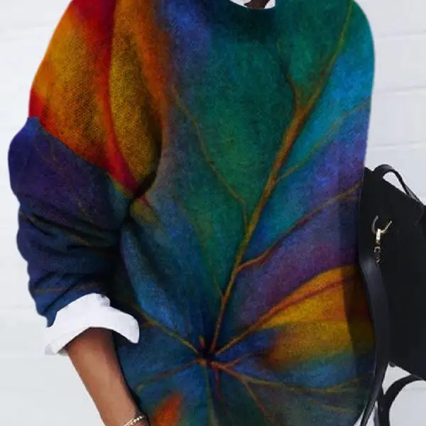 Round Neck Leaf Jacquard Casual Sweater Pullover - Kalesafe.com 