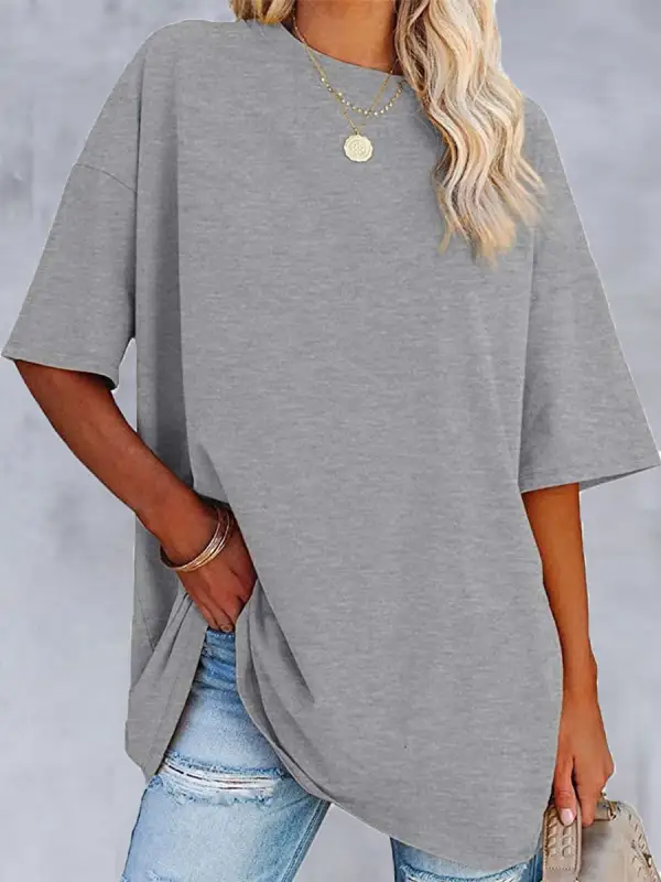 Round Neck Casual Loose Solid Color Short-sleeved T-shirt - Oasisjoy.com 