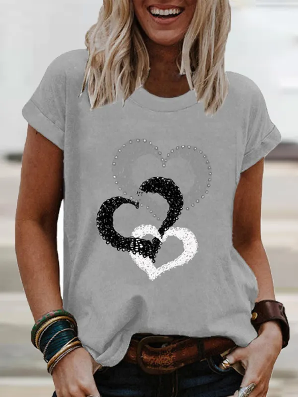 Ladies Love Print Round Neck Short Sleeve T-shirt - Godeskplus.chimpone.com 