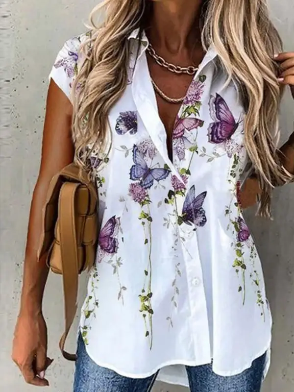 Casual Loose Butterfly Print Short Sleeve Blouse - Oasisjoy.com 