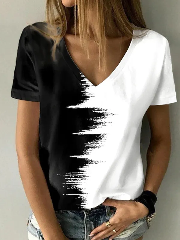 Printed V-Neck Short Sleeve T-Shirt - Oasisjoy.com 