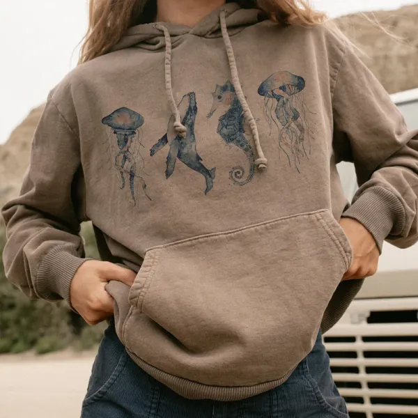 Summer Retro Surf Marine Life Printed Casual Hoodie - Ootdyouth.com 