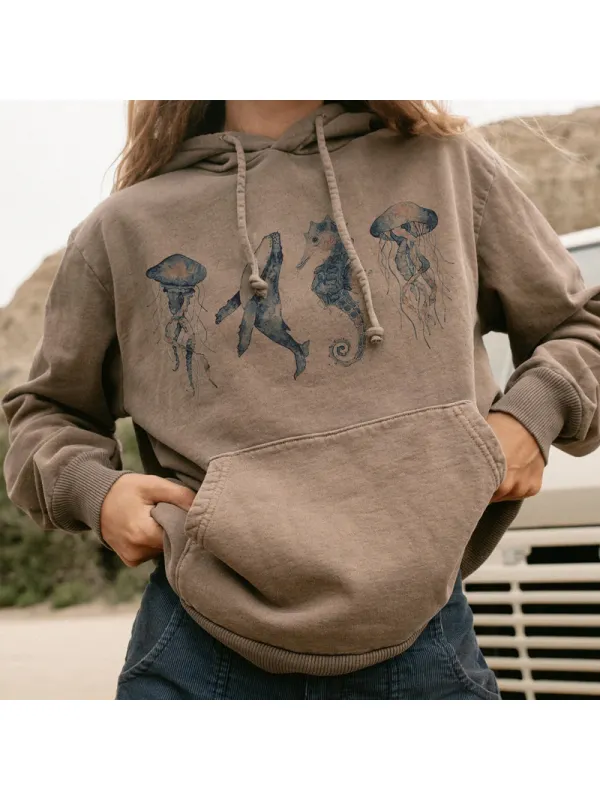 Summer Retro Surf Marine Life Printed Casual Hoodie - Ootdmw.com 
