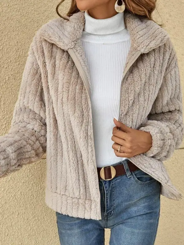 Casual Loose Solid Sherpa Zip-Up Coat - Pragmaace.com 