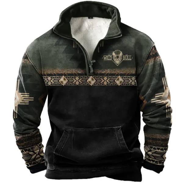 Men's Vintage Western Cowboy Colorblock Zipper Lapel Sweatshirt - Ootdyouth.com 