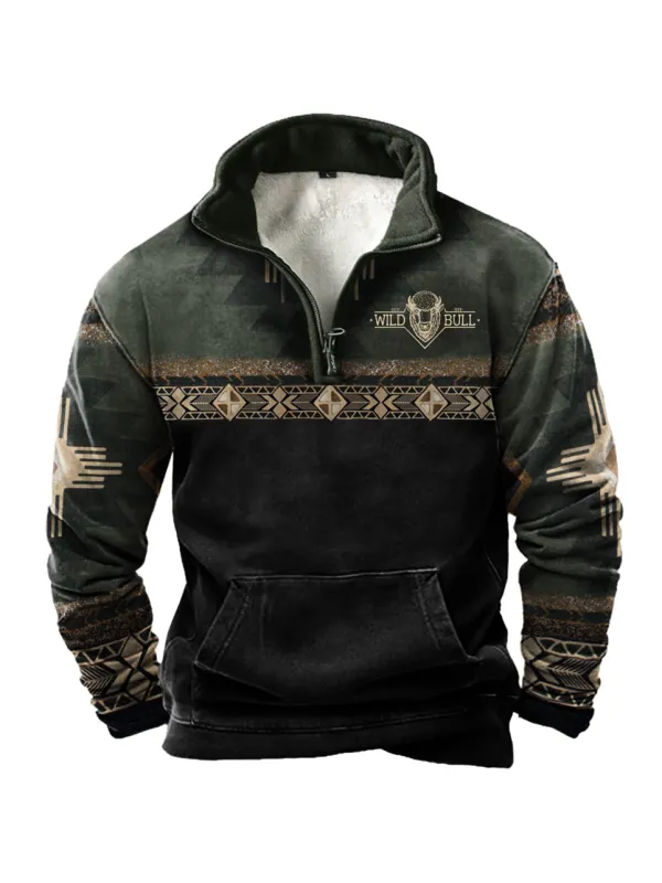 Men's Vintage Western Cowboy Colorblock Zipper Lapel Sweatshirt - Anrider.com 