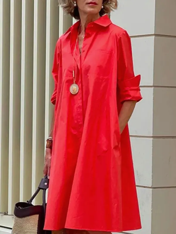 Women Casual Long Sleeves Shirt Collar Solid Short Dress - Ootdmw.com 