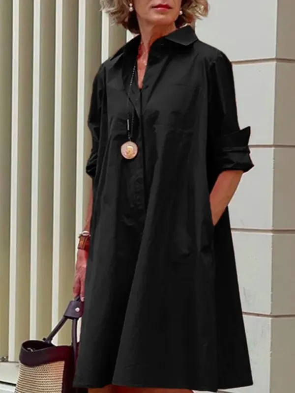 Women Casual Long Sleeves Shirt Collar Solid Short Dress - Cominbuy.com 