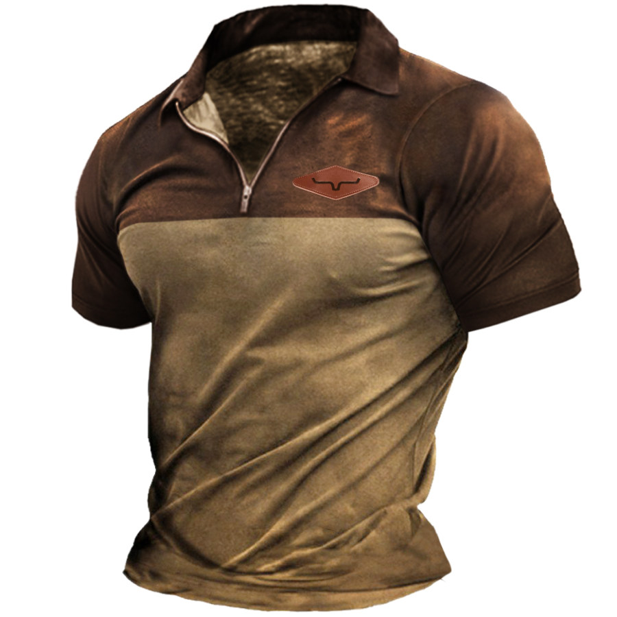 

Men's Retro Western Yellowstone Contrast Zip Lapel T-shirt