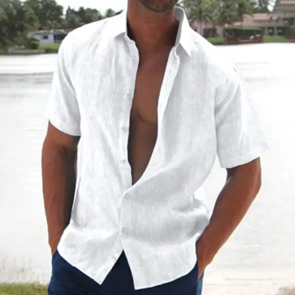 Summer Lapel Solid Color Short Sleeve Men's Linen Blouse - Jumbochic.com 