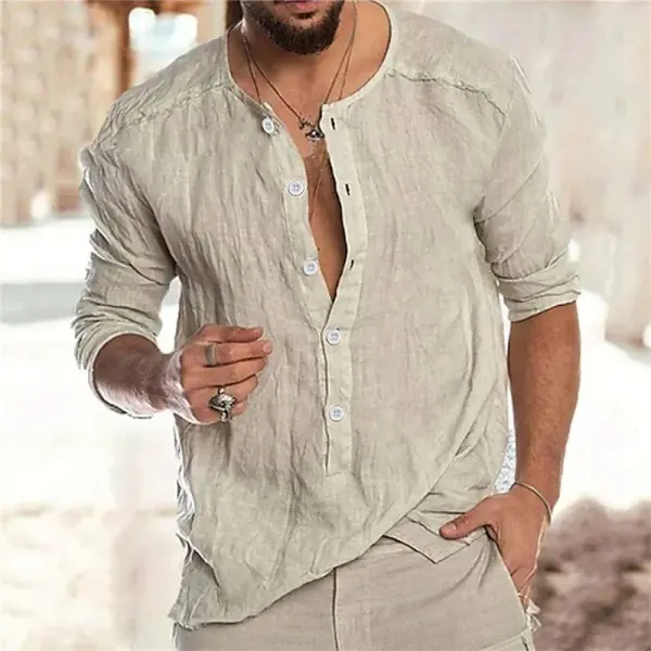 Men's Solid Color Casual Long Sleeve Cotton Linen Shirt - Elementnice.com 